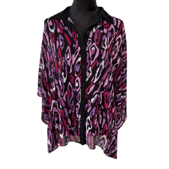 Bob Mackie Leopard Print Sheer Chiffon Collared Button Down Poncho Blouse Size M - Picture 1 of 6